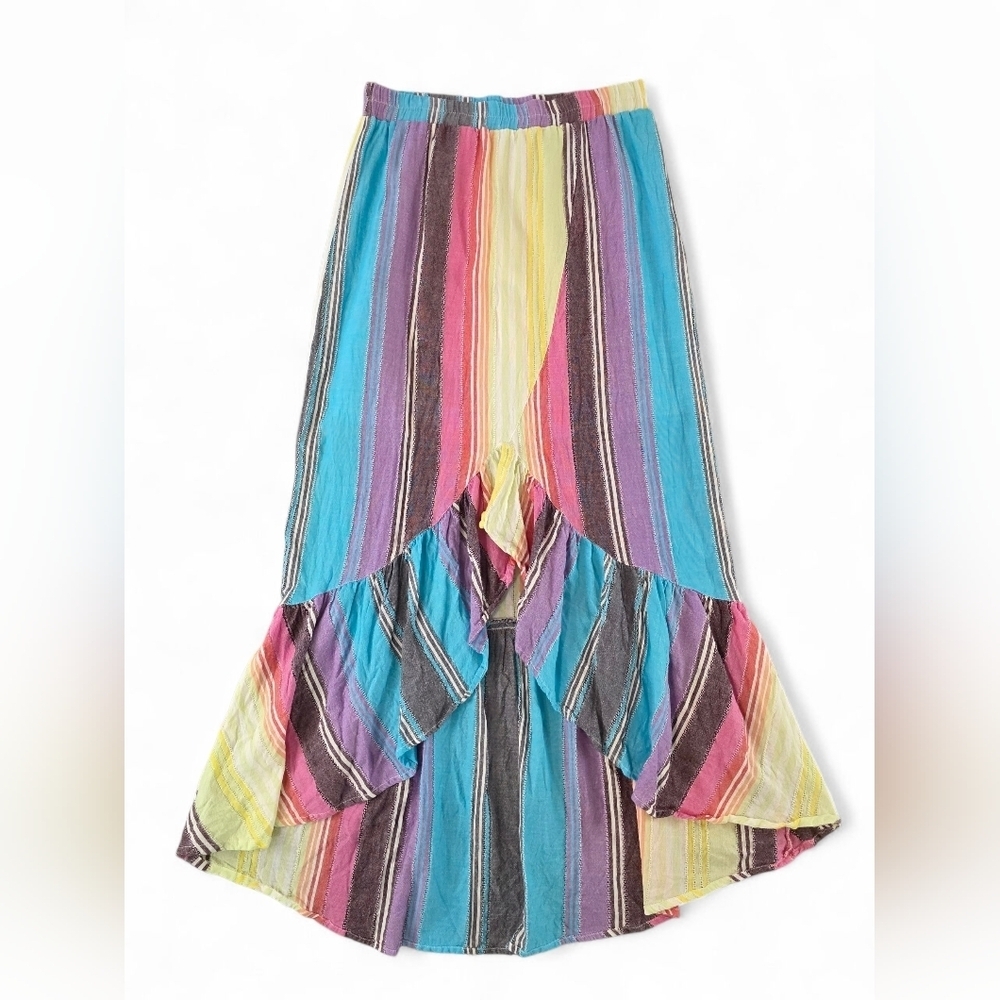 Blue Rain Striped Boho Ruffled Hi-Lo Hem Midi Skirt Rainbow Cotton Small